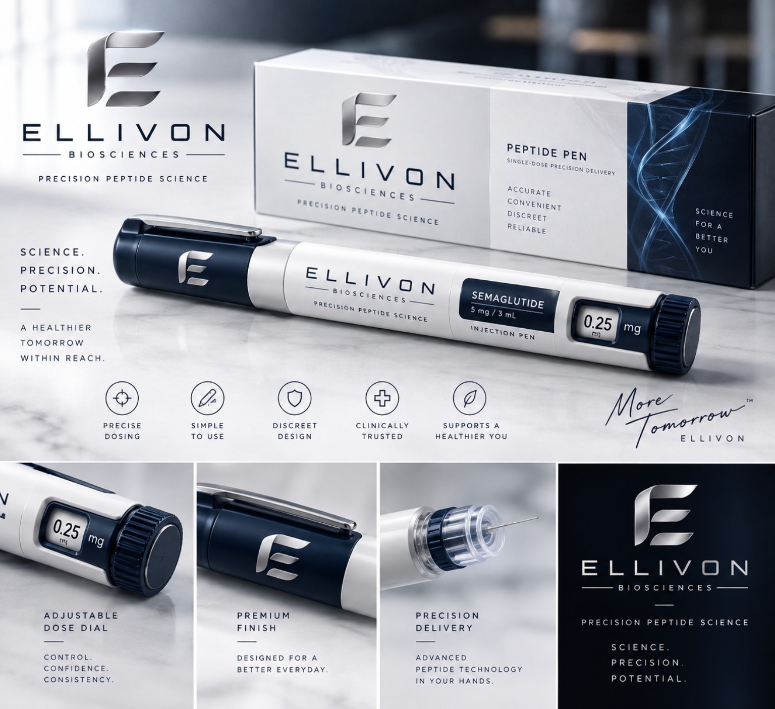ELLIVON peptide pen with packaging and dose dial