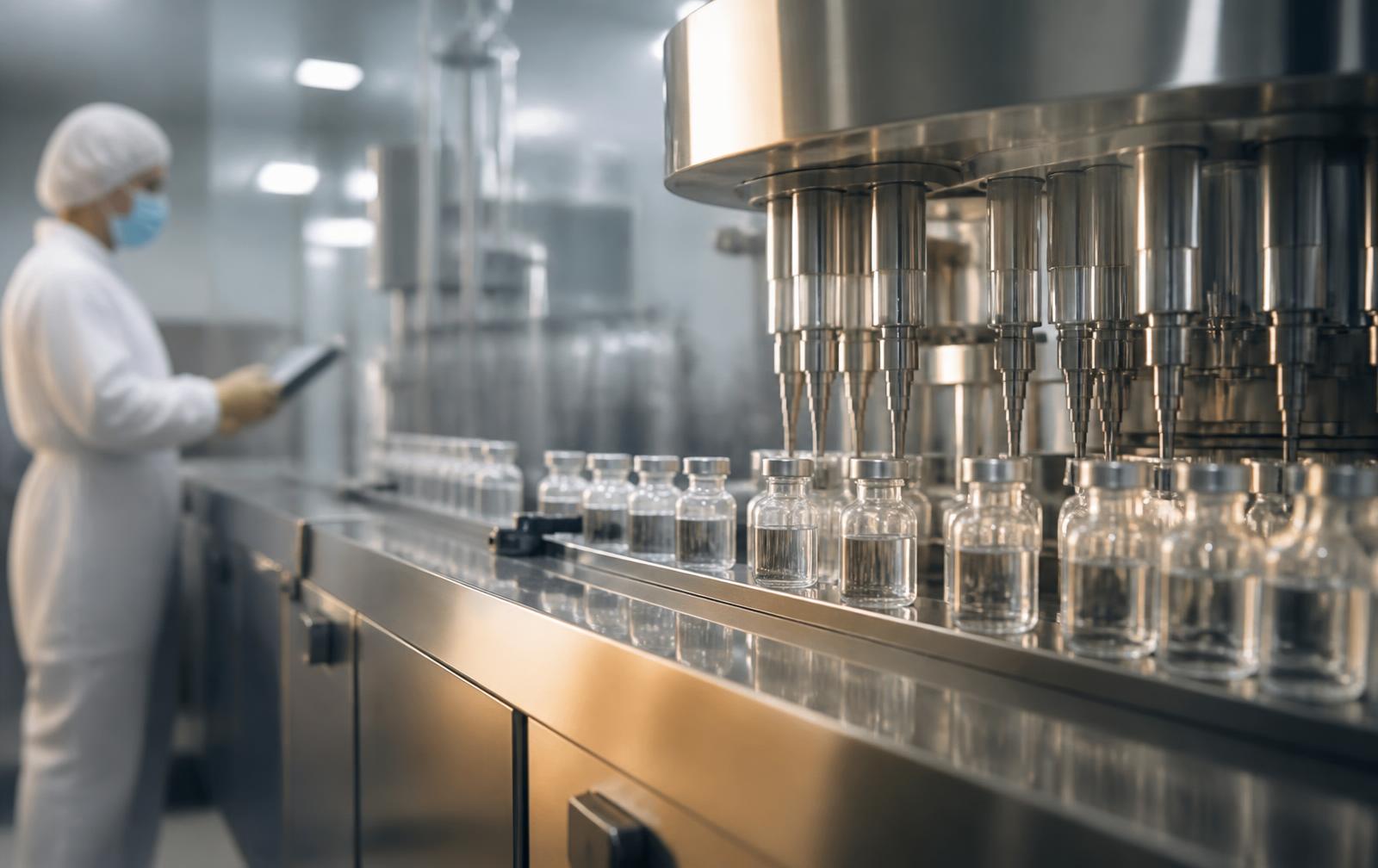 Modern pharmaceutical cleanroom with automated vial filling equipment and sterile glass vials on a stainless-steel line