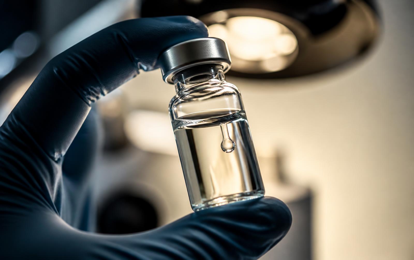Macro view of a sterile glass vial held in a gloved hand under laboratory inspection light