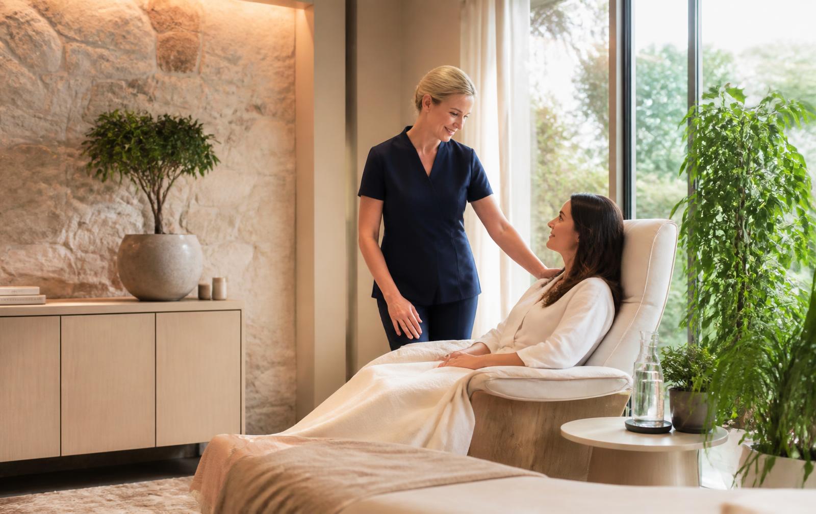 Calm wellness room with natural stone, greenery and daylight, where a practitioner speaks with a relaxed adult client