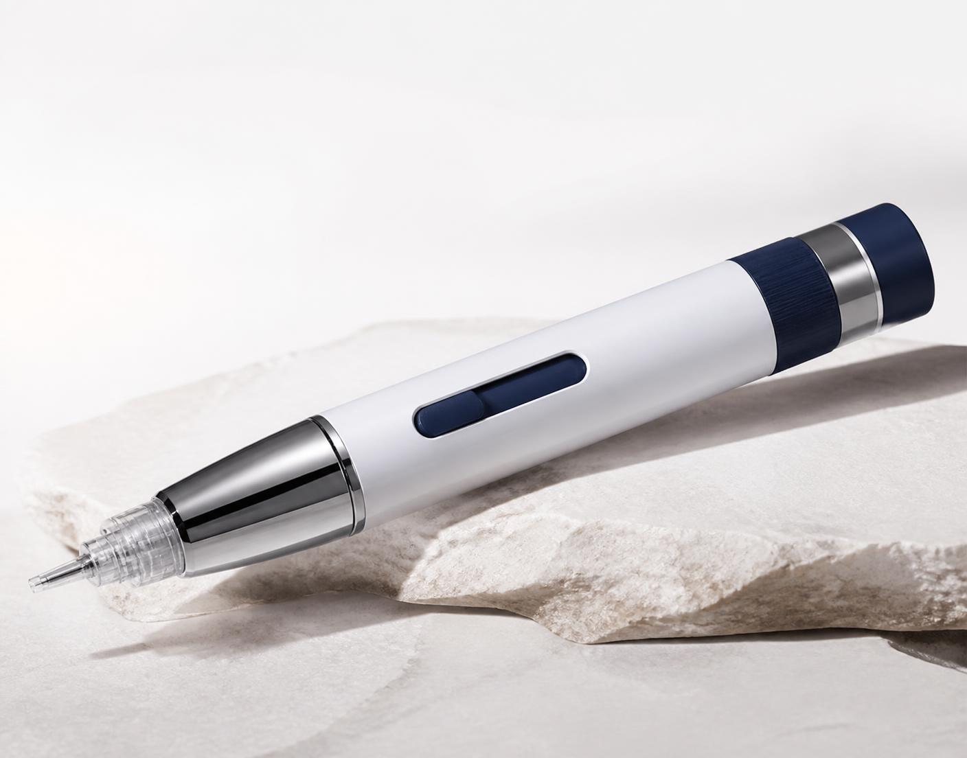 Premium white and navy bioscience device in clean studio light